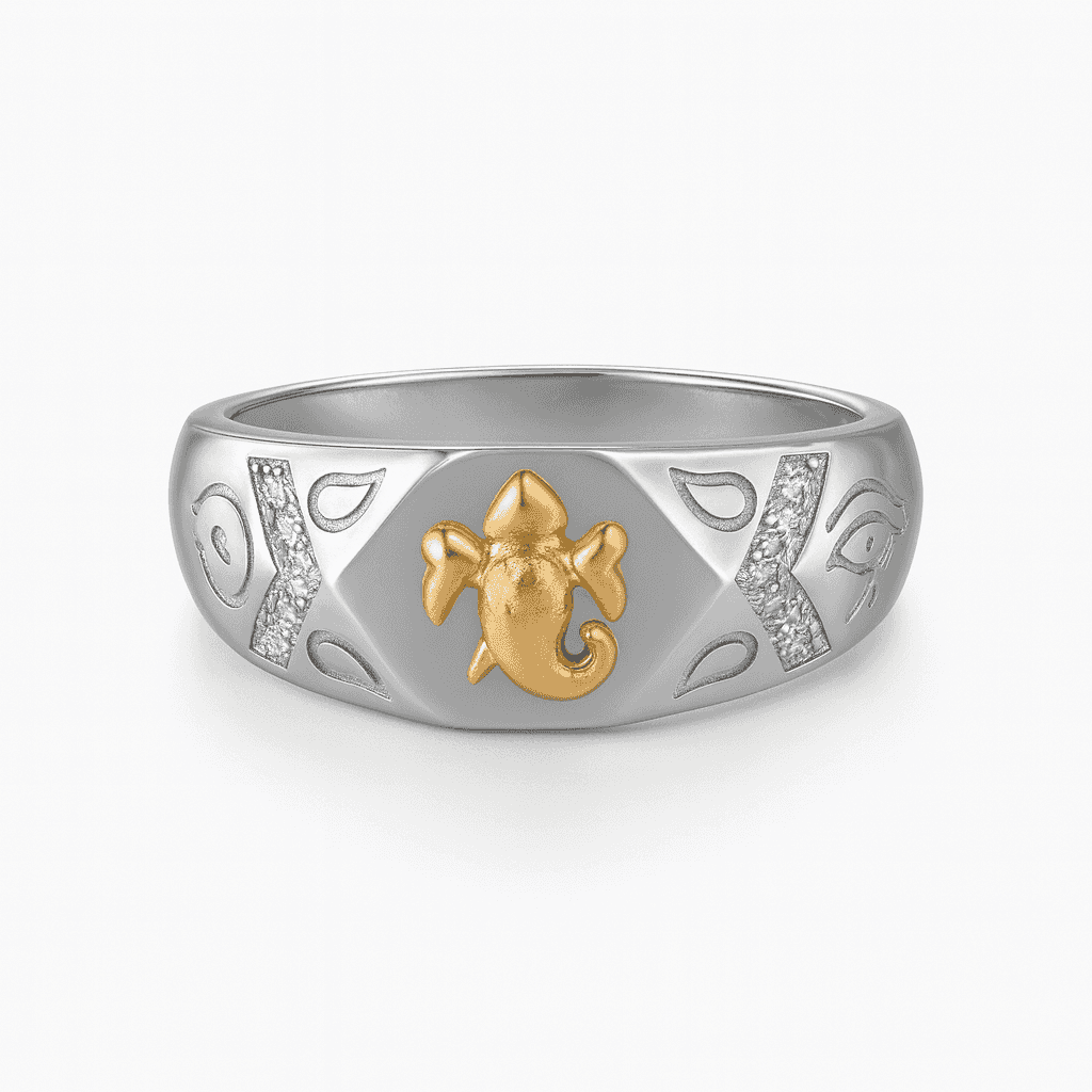 925 Sterling Silver with Gold Plated Ganesha Idol Ring - Celestora - India - 8 - - Ring for Men, Boys, Gift for Men, Brother, Boyfriend, Husband