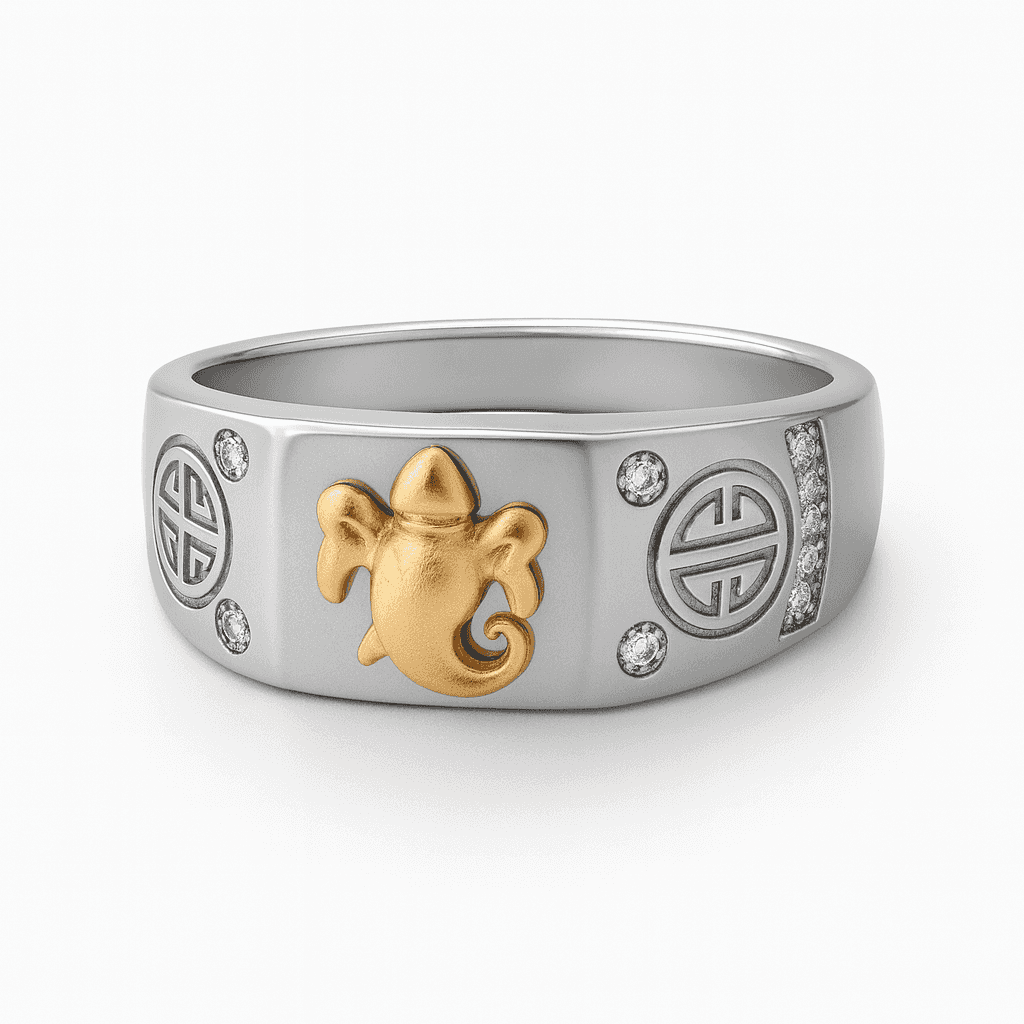 925 Sterling Silver with Gold Plated Ganesha Idol Ring - Celestora - India - 8 - - Ring for Men, Boys, Gift for Men, Brother, Boyfriend, Husband