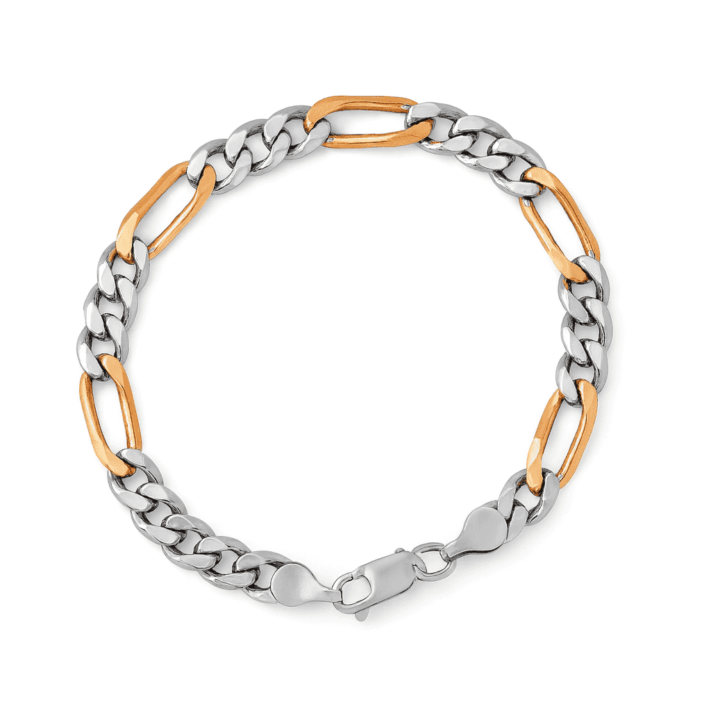 925 Sterling Silver Dual Tone Figaro Casanova Bracelet - Celestora - India - Rose Gold - men, new - Bracelet