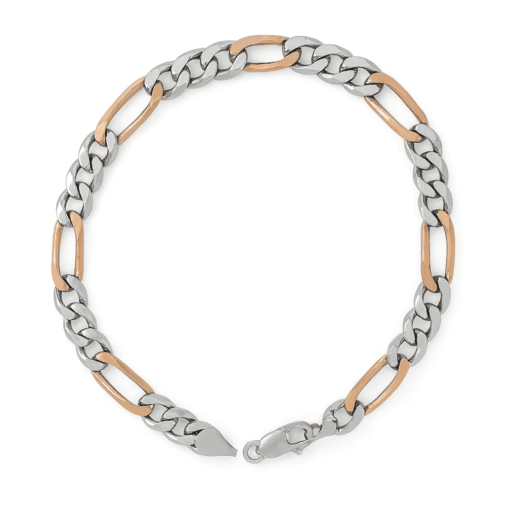 925 Sterling Silver Dual Tone Figaro Casanova Bracelet - Celestora - India - Rose Gold - men, new - Bracelet
