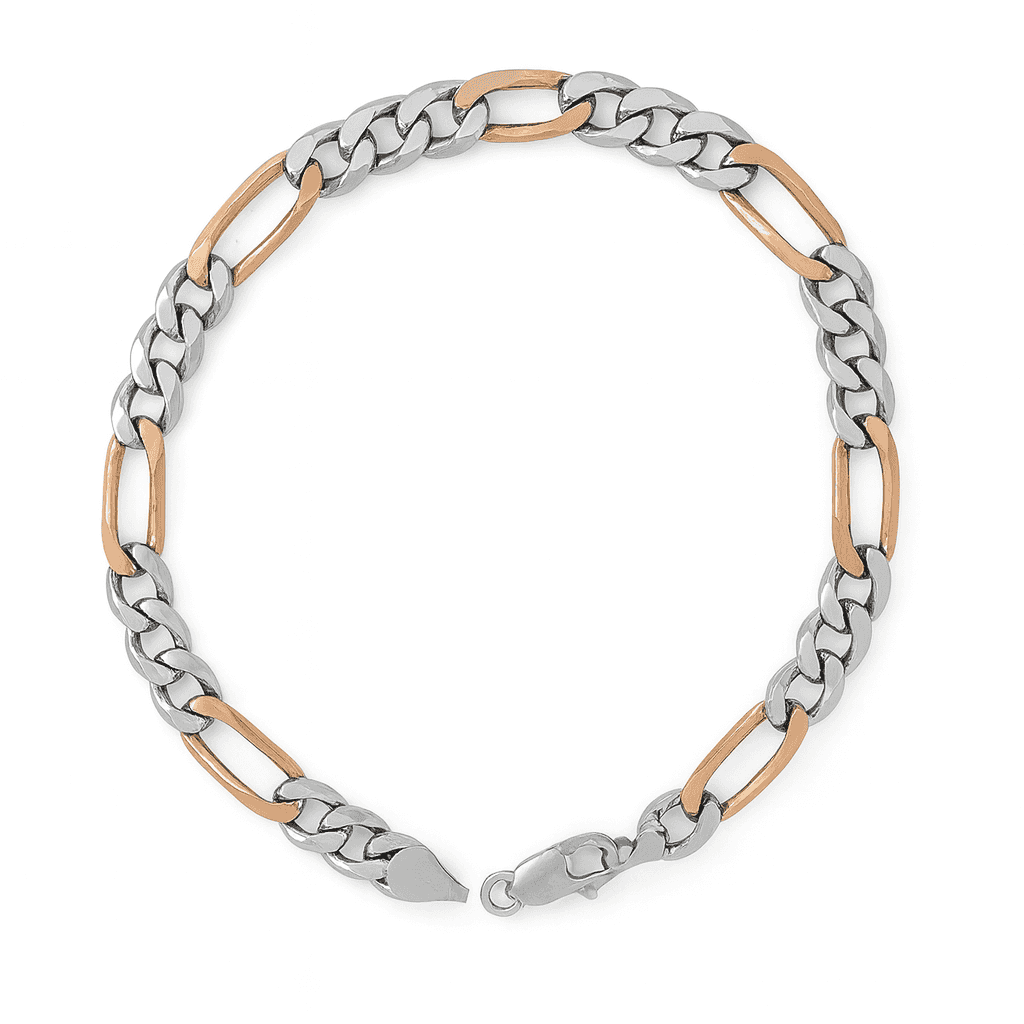 925 Sterling Silver Dual Tone Figaro Casanova Bracelet - Celestora - India - Rose Gold - - Bracelet for Men, Boys, Gift for Men, Brother, Boyfriend, Husband