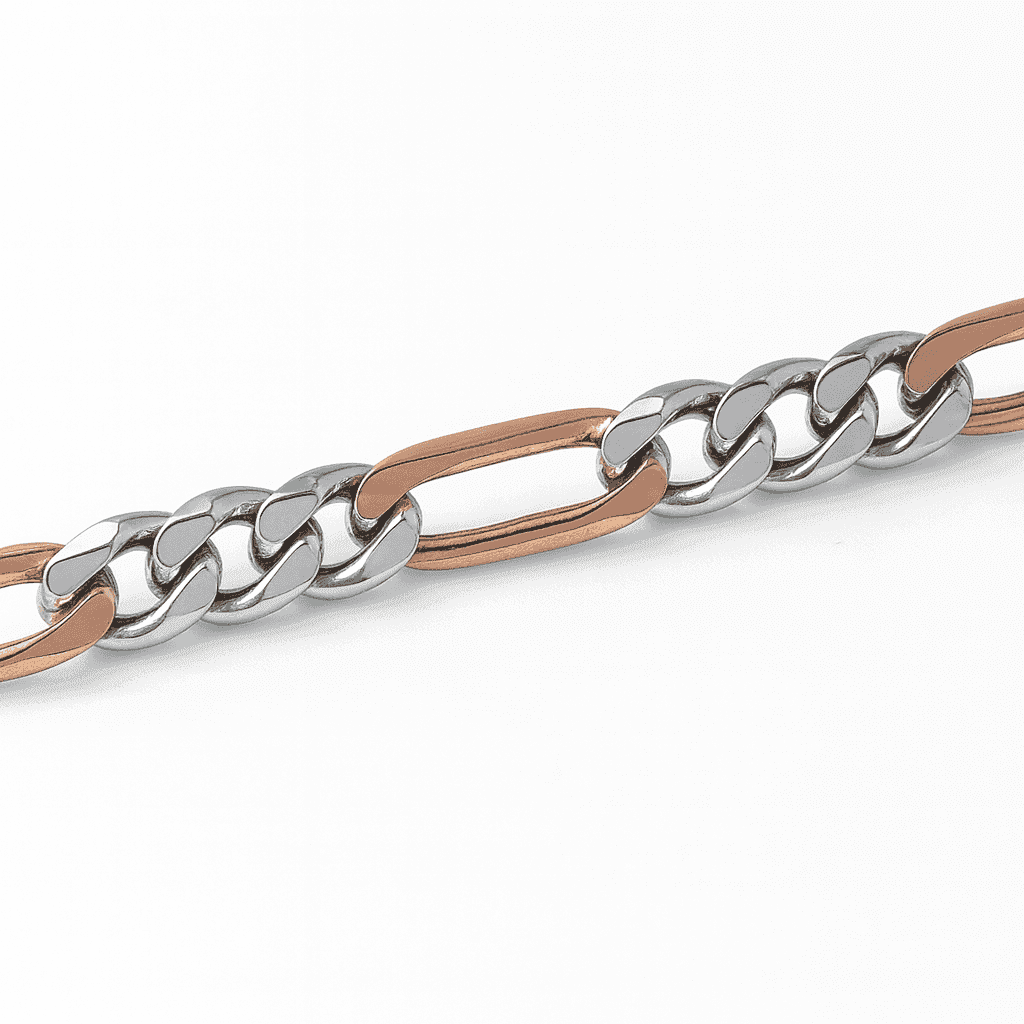 925 Sterling Silver Dual Tone Figaro Casanova Bracelet - Celestora - India - Rose Gold - men, new - Bracelet