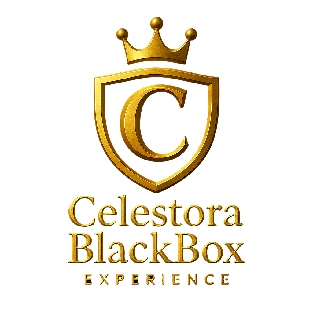 Gold logo with a shield and crown on a black background, featuring the text 'Celestora BlackBox Experience'.