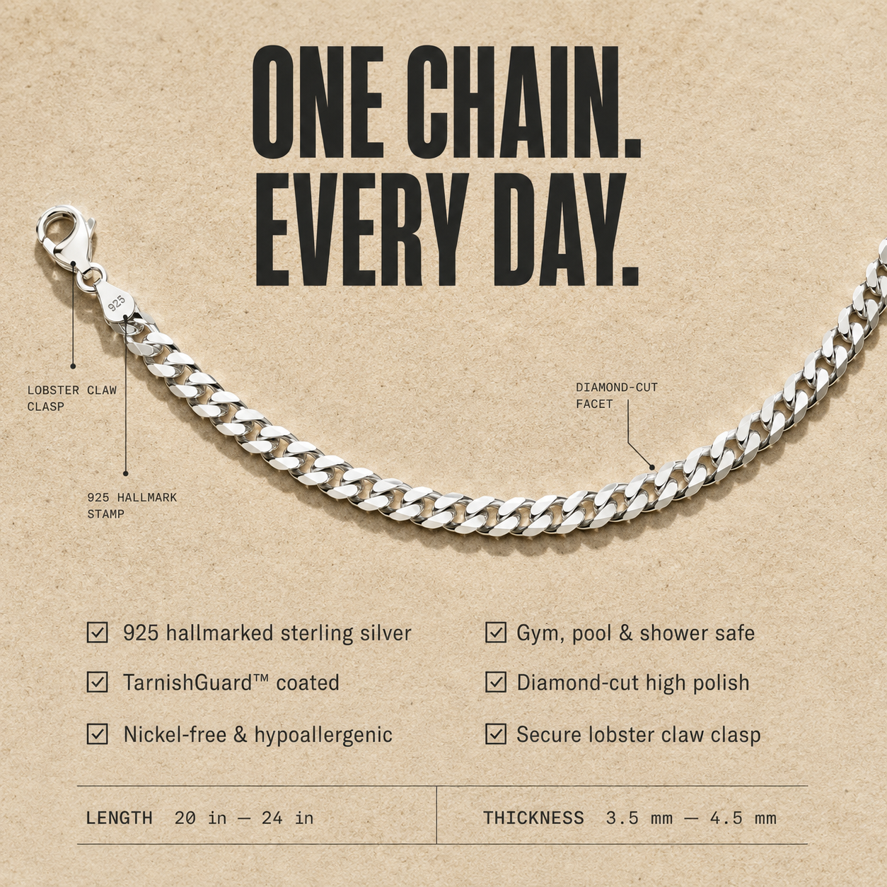 Men's Everyday Silver Curb Chain Necklace