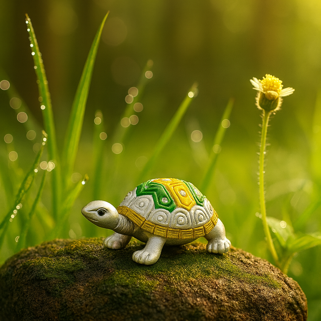 Decorative turtle figurine on a rock with a blurred natural background