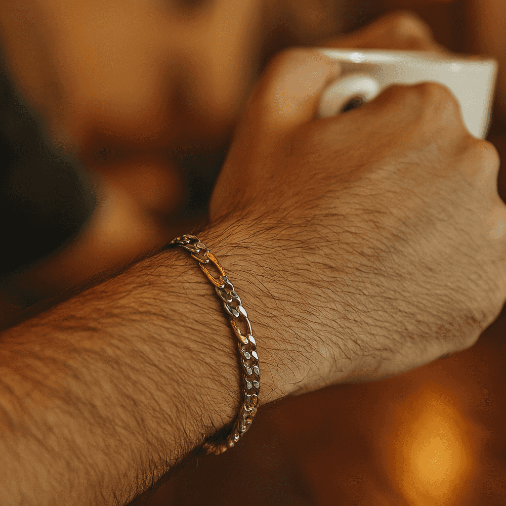 925 Sterling Silver Dual Tone Figaro Casanova Bracelet - Celestora - India - Gold - - Bracelet for Men, Boys, Gift for Men, Brother, Boyfriend, Husband