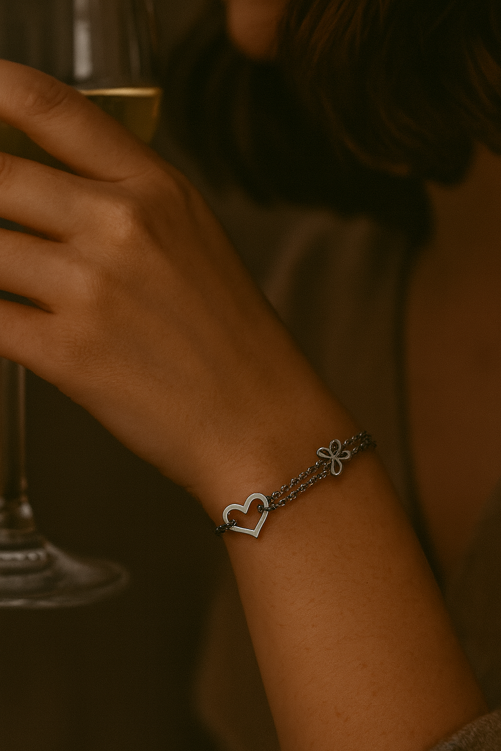 Butterfly & Heart Silver Double Strand Bracelet