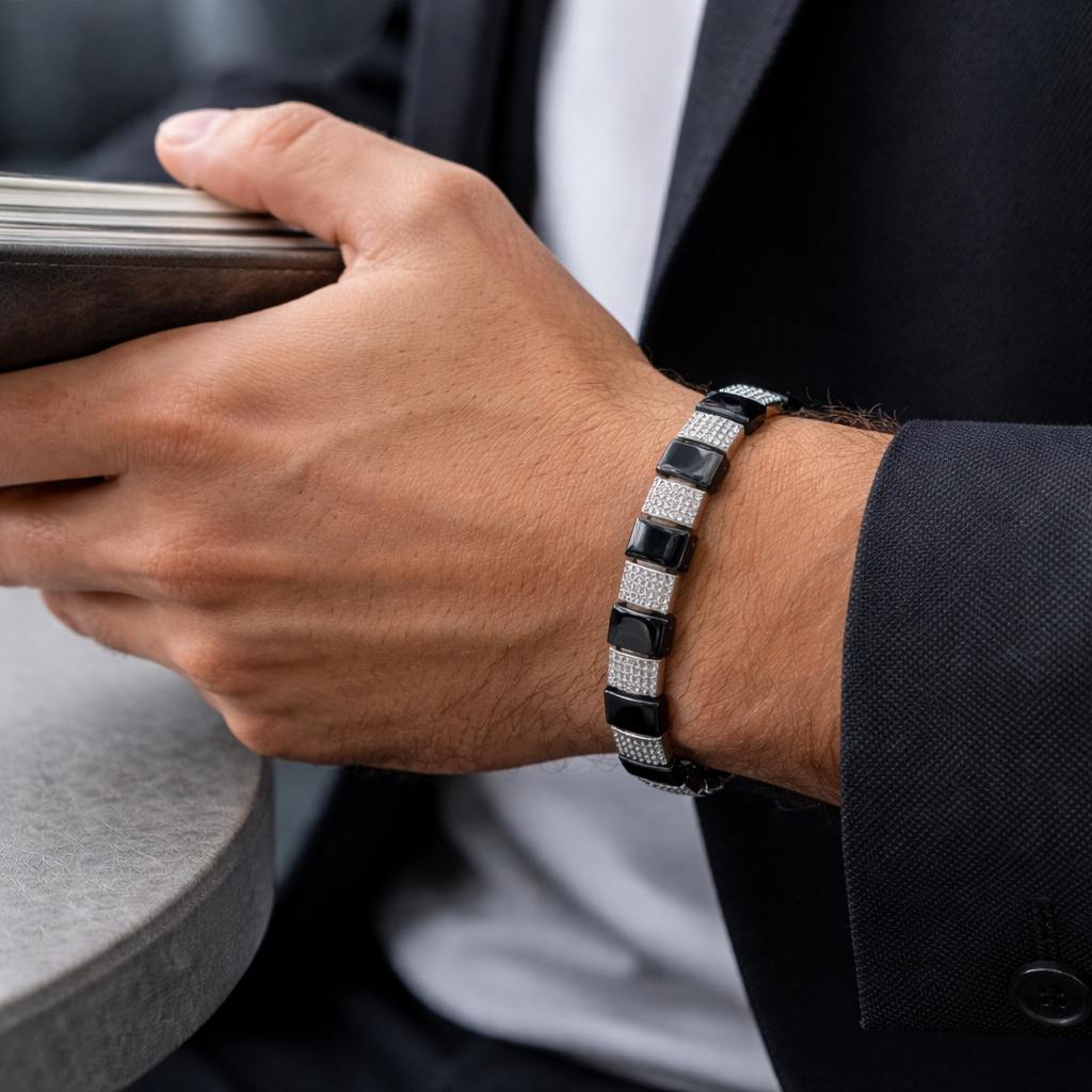 Men's Silver Link Bracelet with Black Accents and Pavé Stones