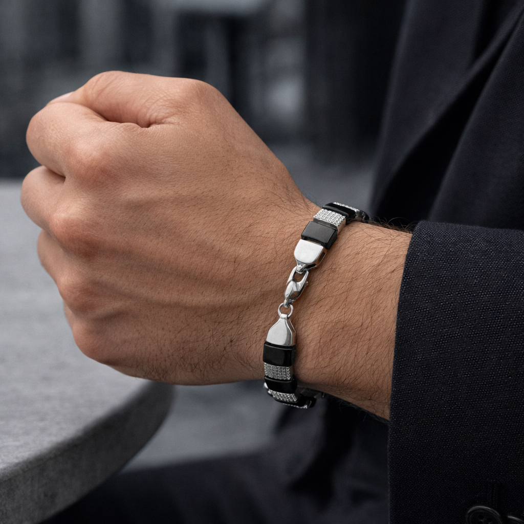 Men's Silver Link Bracelet with Black Accents and Pavé Stones