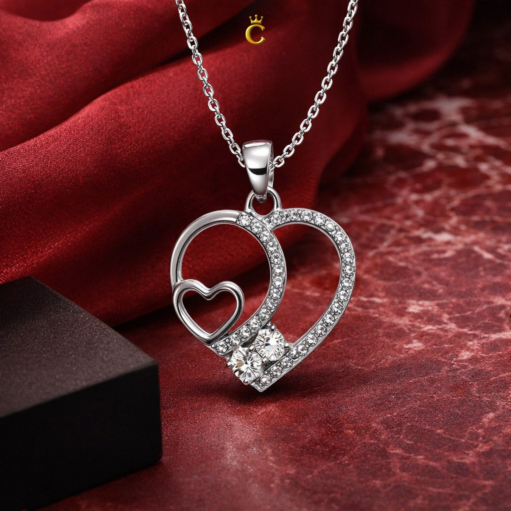 Sparkling Silver Dual Heart Pendant Necklace