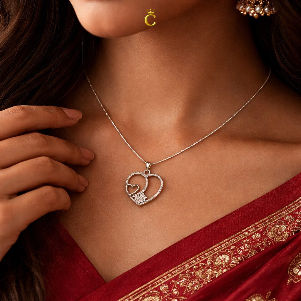 Sparkling Silver Dual Heart Pendant Necklace