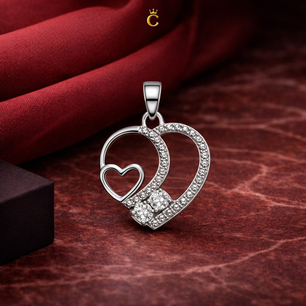 Sparkling Silver Dual Heart Pendant Necklace