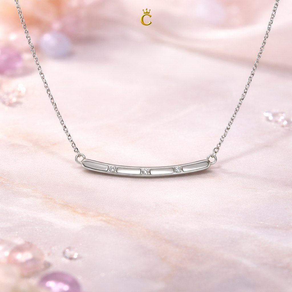 Elegant Silver Curved Bar Necklace with Trio Stones