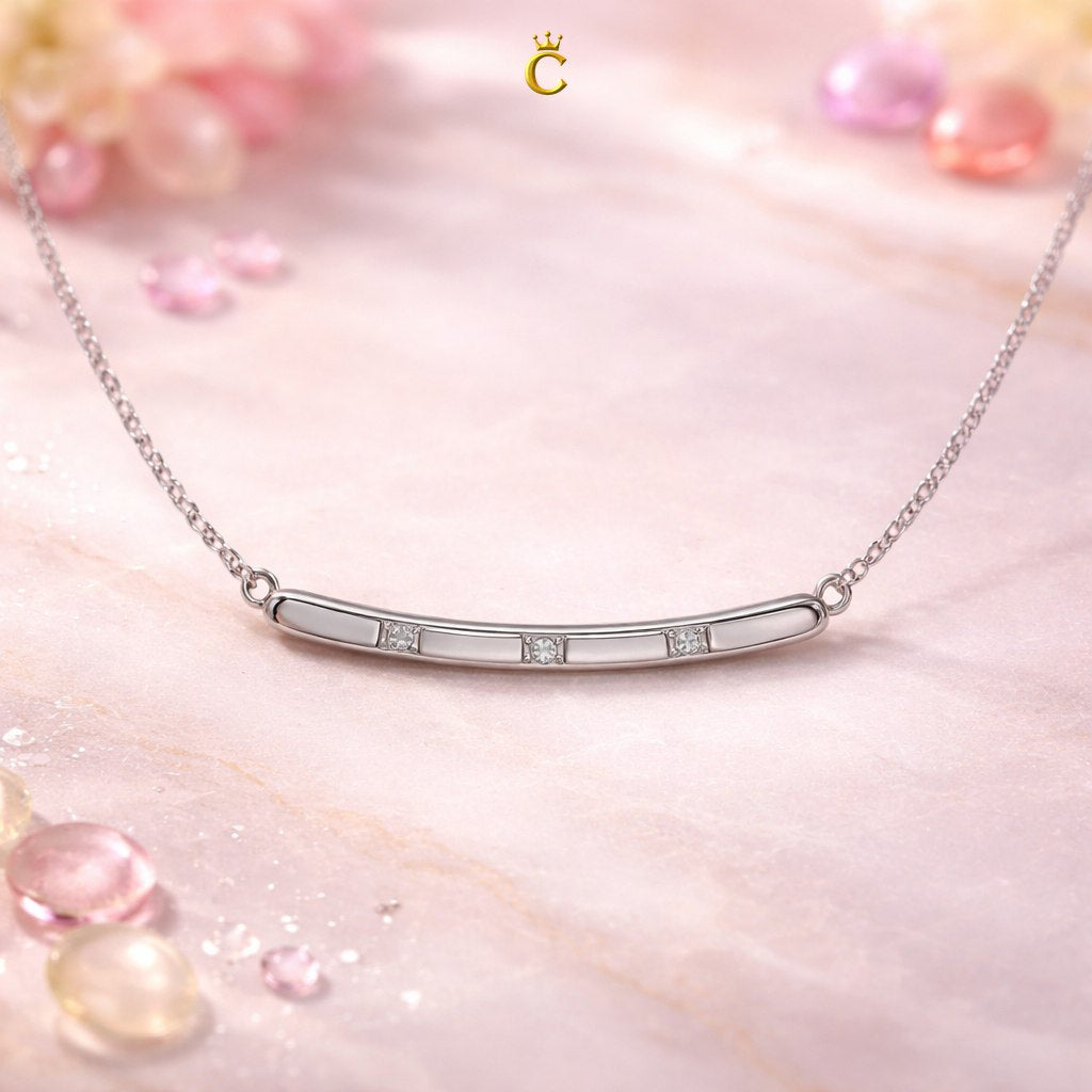 Elegant Silver Curved Bar Necklace with Trio Stones