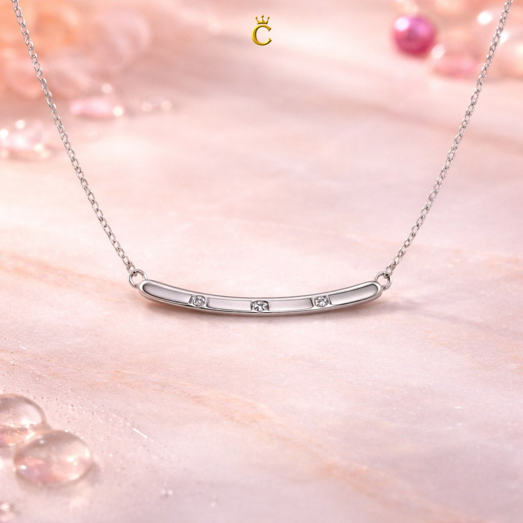 Elegant Silver Curved Bar Necklace with Trio Stones