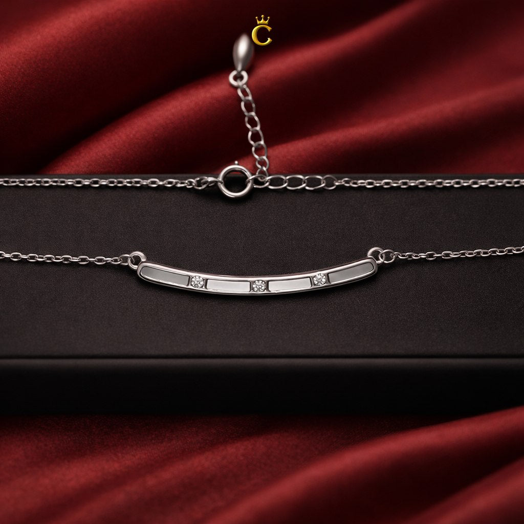Elegant Silver Curved Bar Necklace with Trio Stones