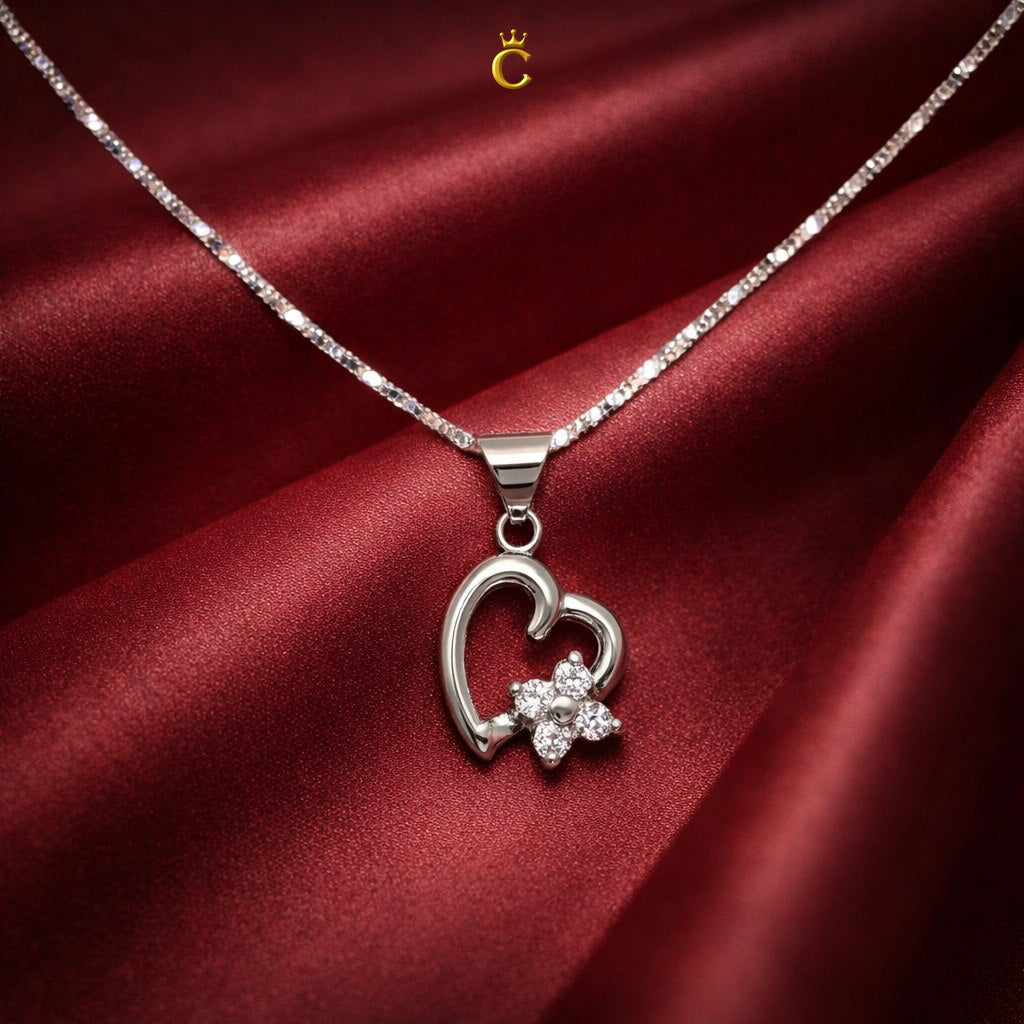 Sparkling Heart Floral Silver Pendant