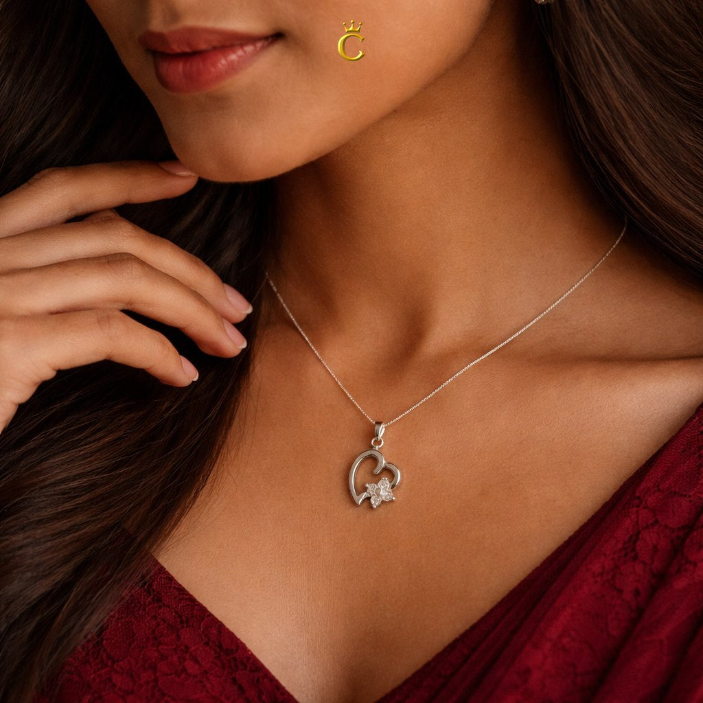 Sparkling Heart Floral Silver Pendant