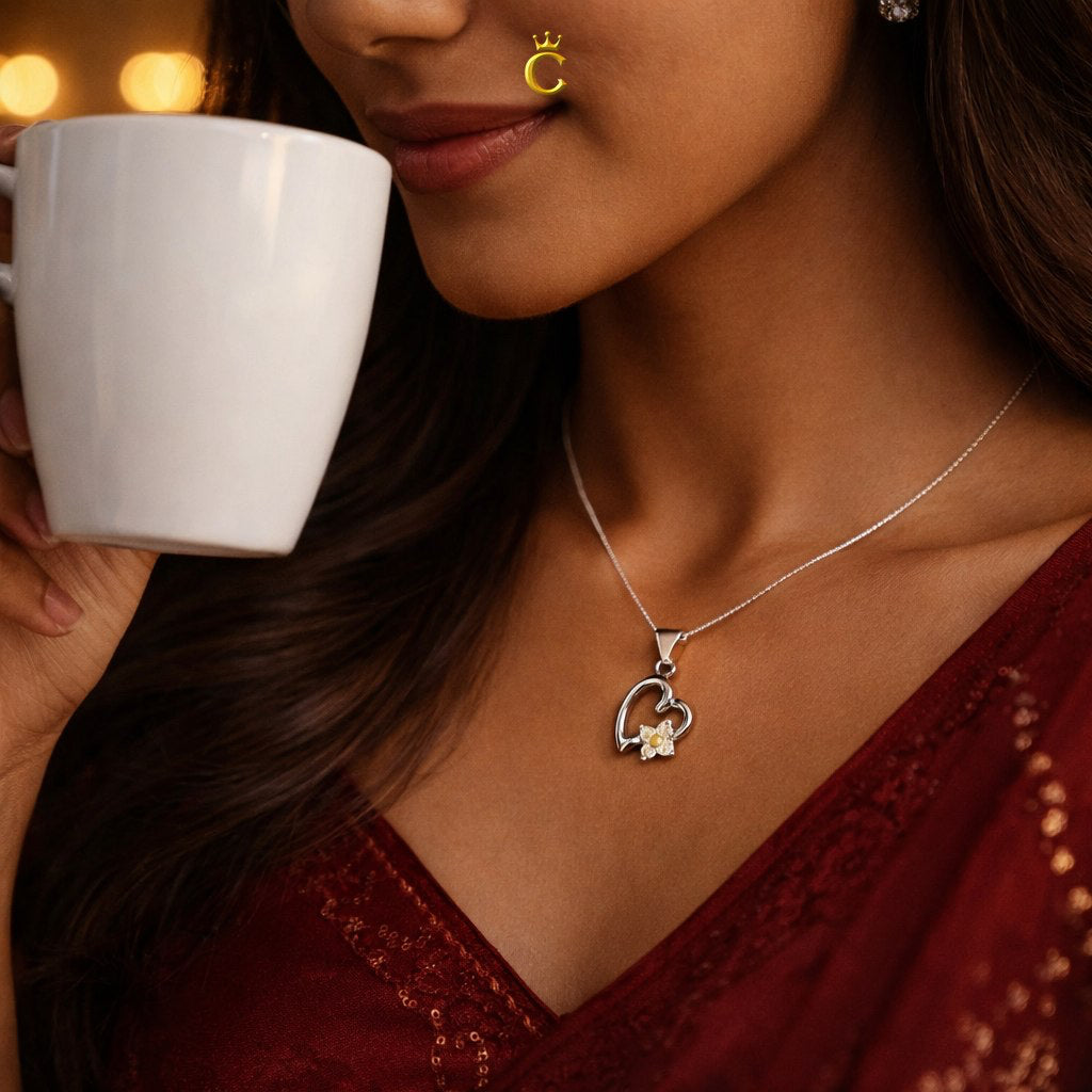 Sparkling Heart Floral Silver Pendant
