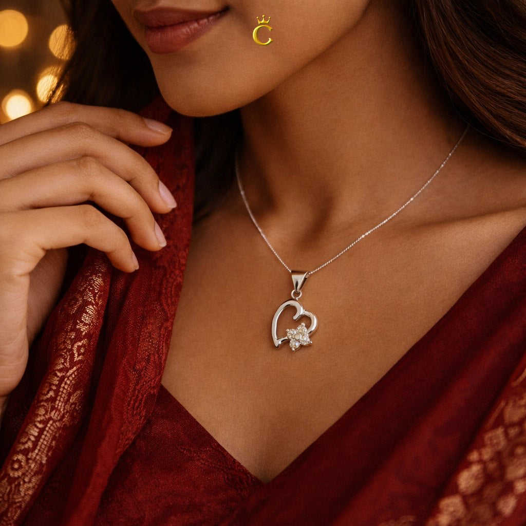 Sparkling Heart Floral Silver Pendant