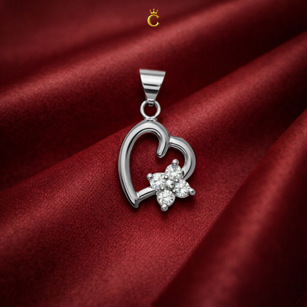 Sparkling Heart Floral Silver Pendant