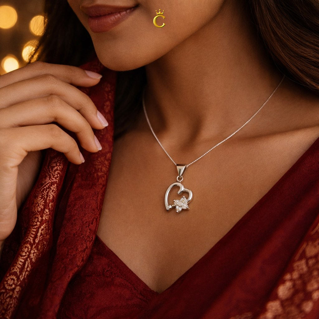 Sparkling Heart Floral Silver Pendant