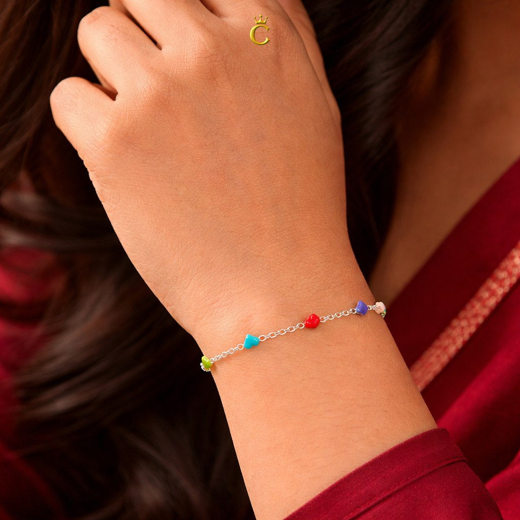 Multi-Color Enamel Heart Silver Bracelet
