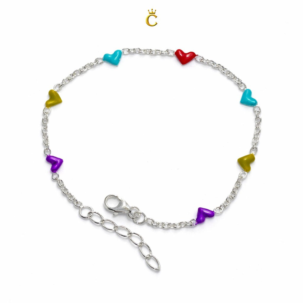 Multi-Color Enamel Heart Silver Bracelet