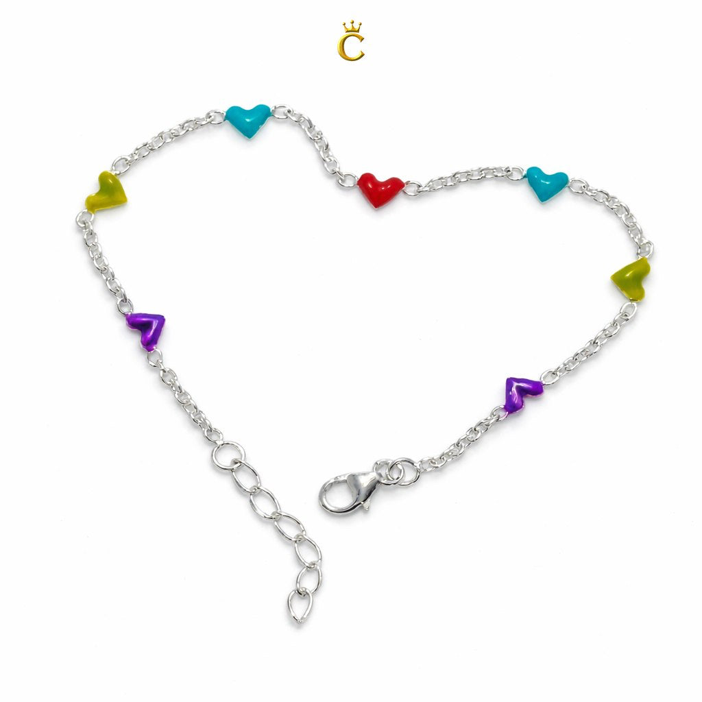 Multi-Color Enamel Heart Silver Bracelet