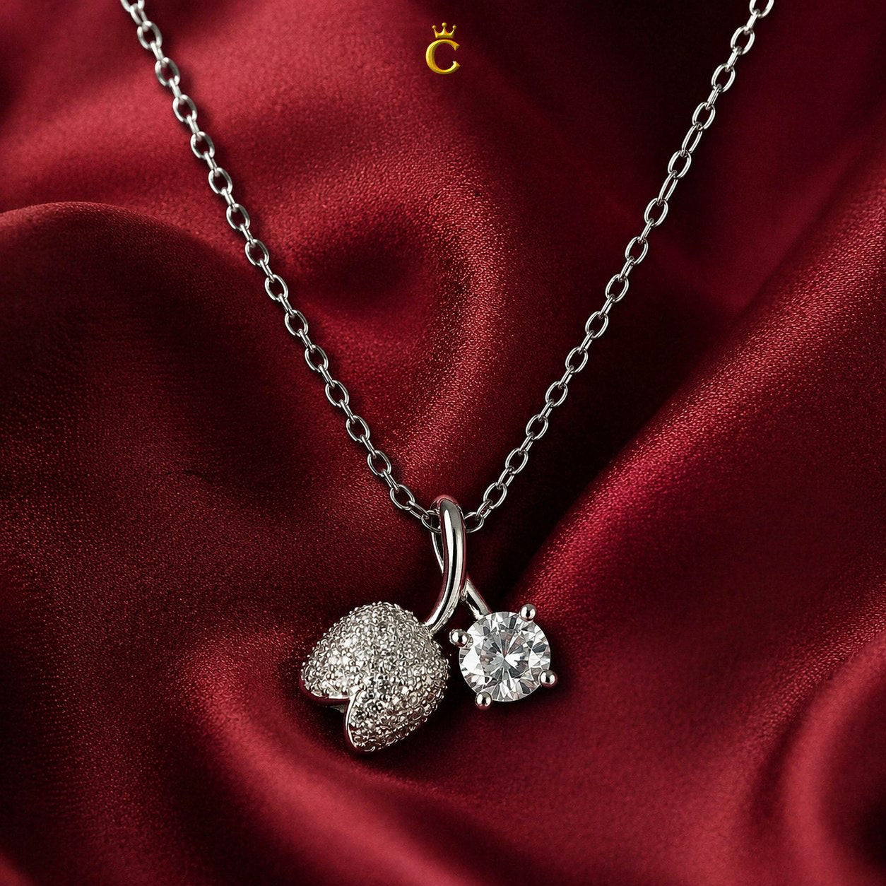 Silver Dual Charm Floral Bud and Solitaire Necklace