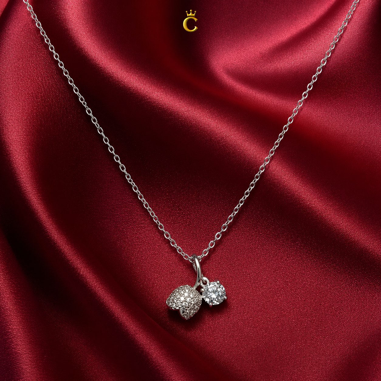 Silver Dual Charm Floral Bud and Solitaire Necklace