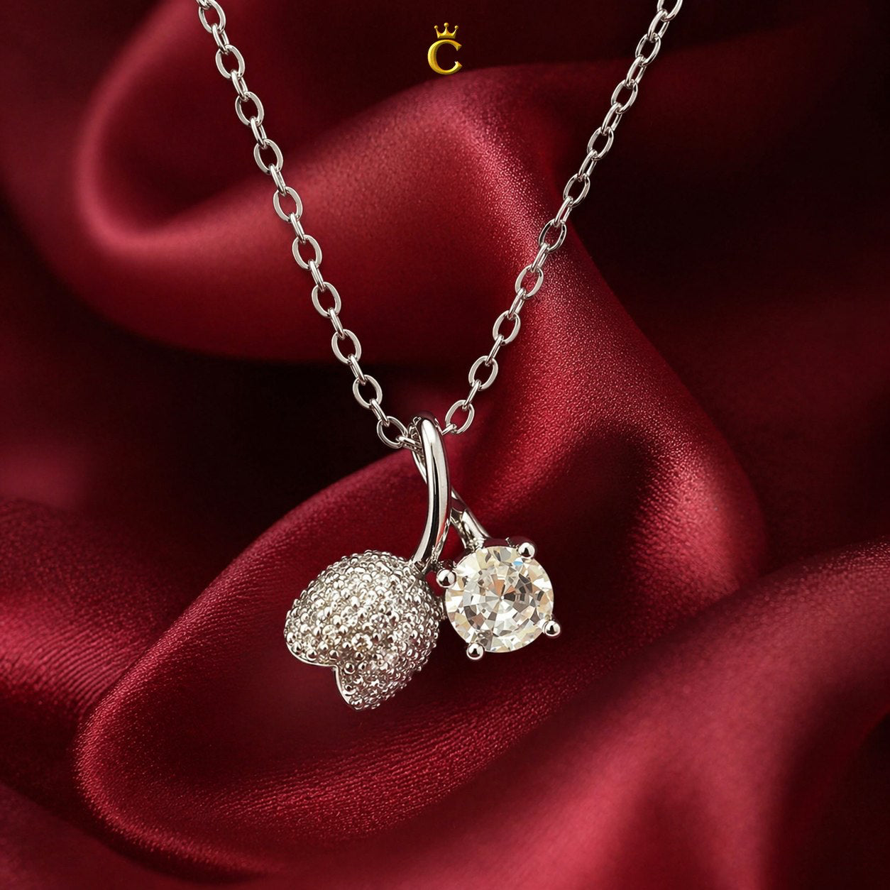 Silver Dual Charm Floral Bud and Solitaire Necklace