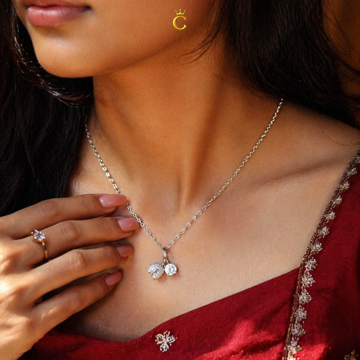 Silver Dual Charm Floral Bud and Solitaire Necklace