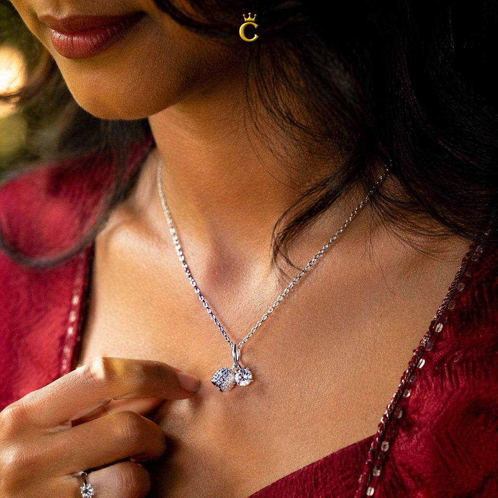 Silver Dual Charm Floral Bud and Solitaire Necklace