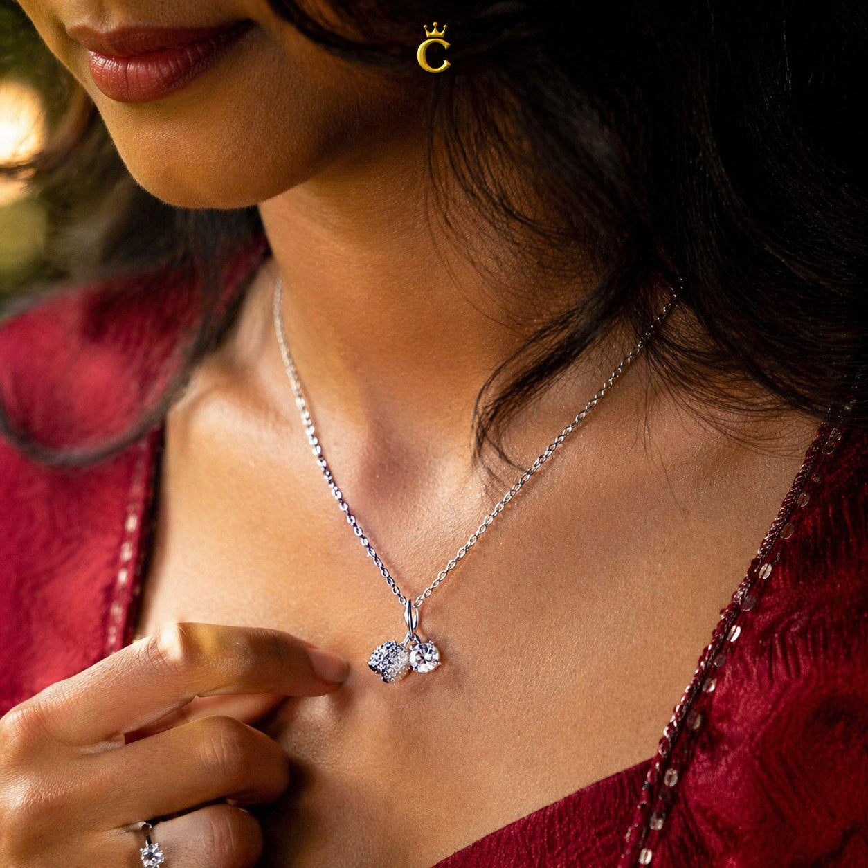 Silver Dual Charm Floral Bud and Solitaire Necklace