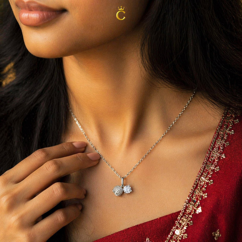 Silver Dual Charm Floral Bud and Solitaire Necklace