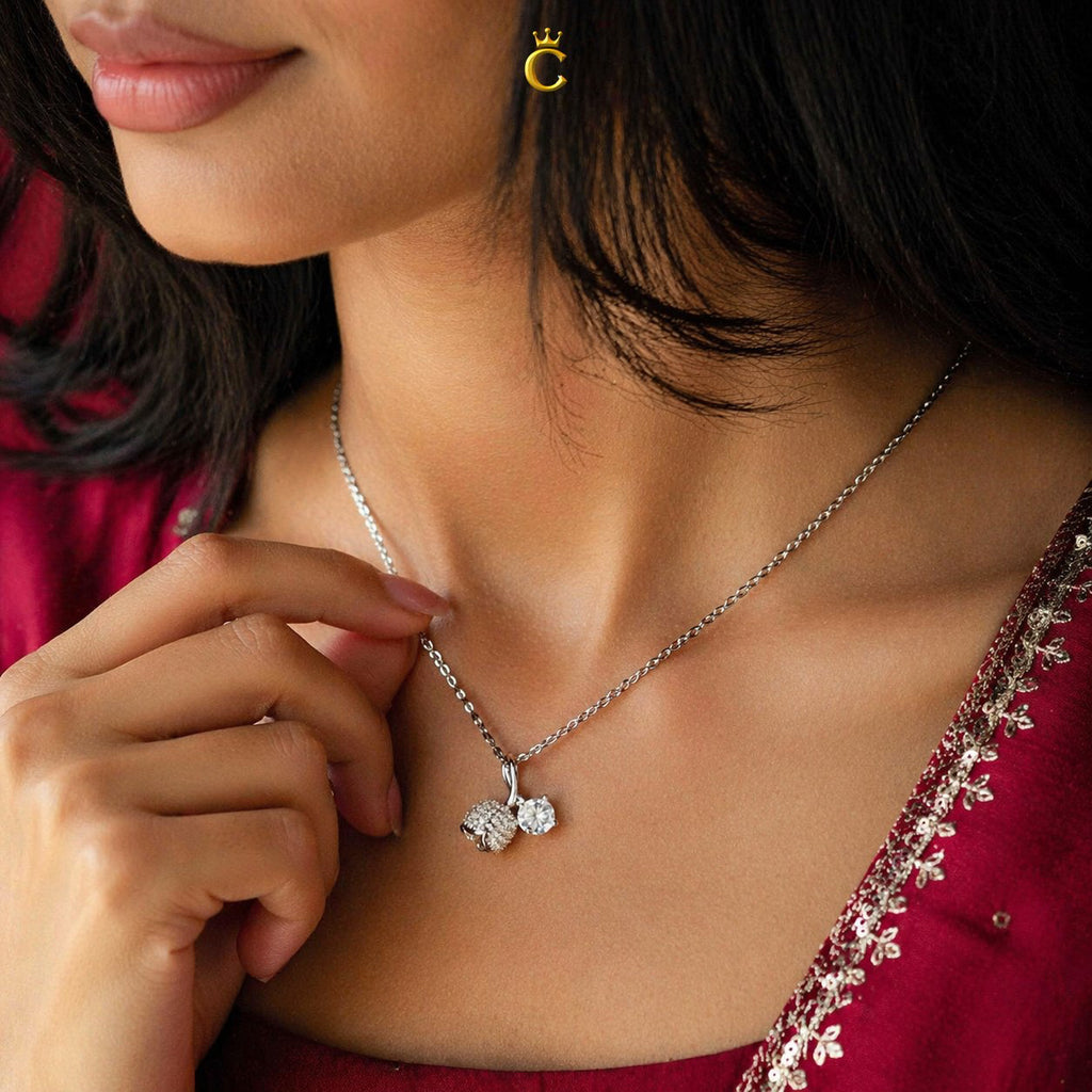 Silver Dual Charm Floral Bud and Solitaire Necklace