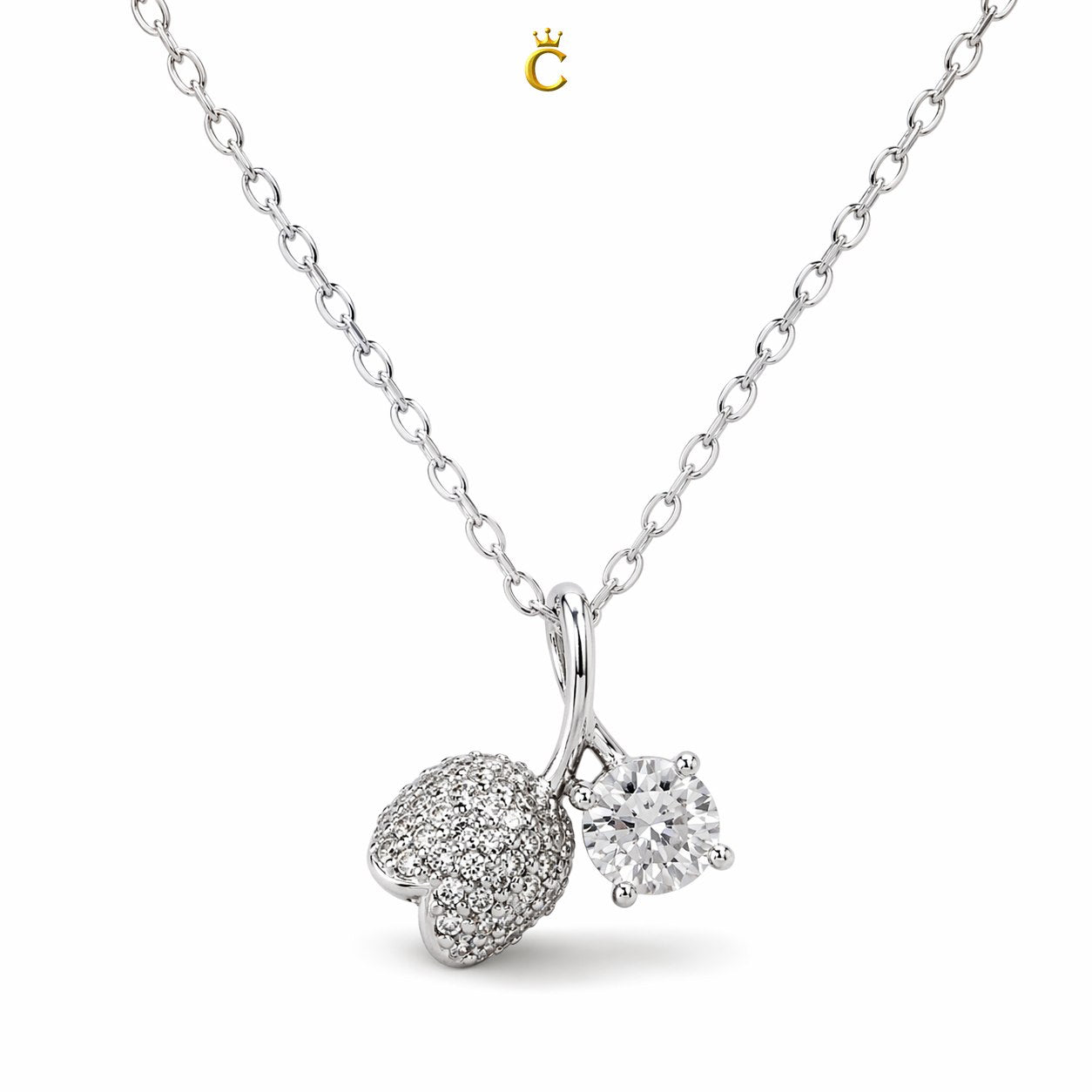 Silver Dual Charm Floral Bud and Solitaire Necklace