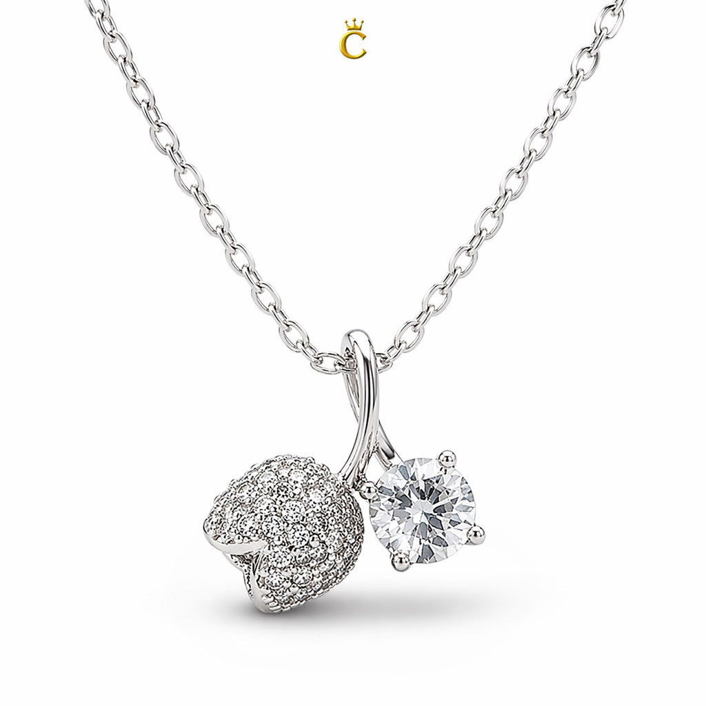 Silver Dual Charm Floral Bud and Solitaire Necklace