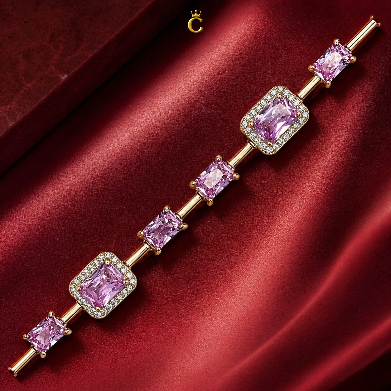 Elegant Pink Emerald Cut Halo Silver Bracelet