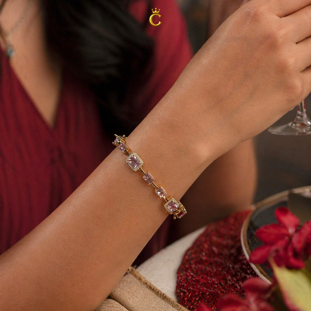 Elegant Pink Emerald Cut Halo Silver Bracelet