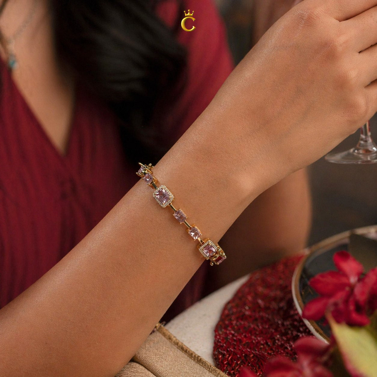 Elegant Pink Emerald Cut Halo Silver Bracelet