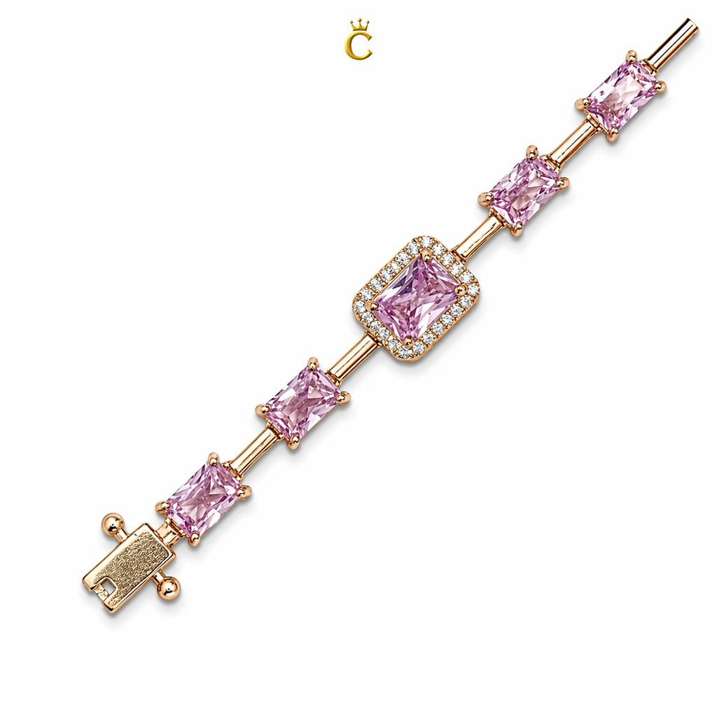 Elegant Pink Emerald Cut Halo Silver Bracelet