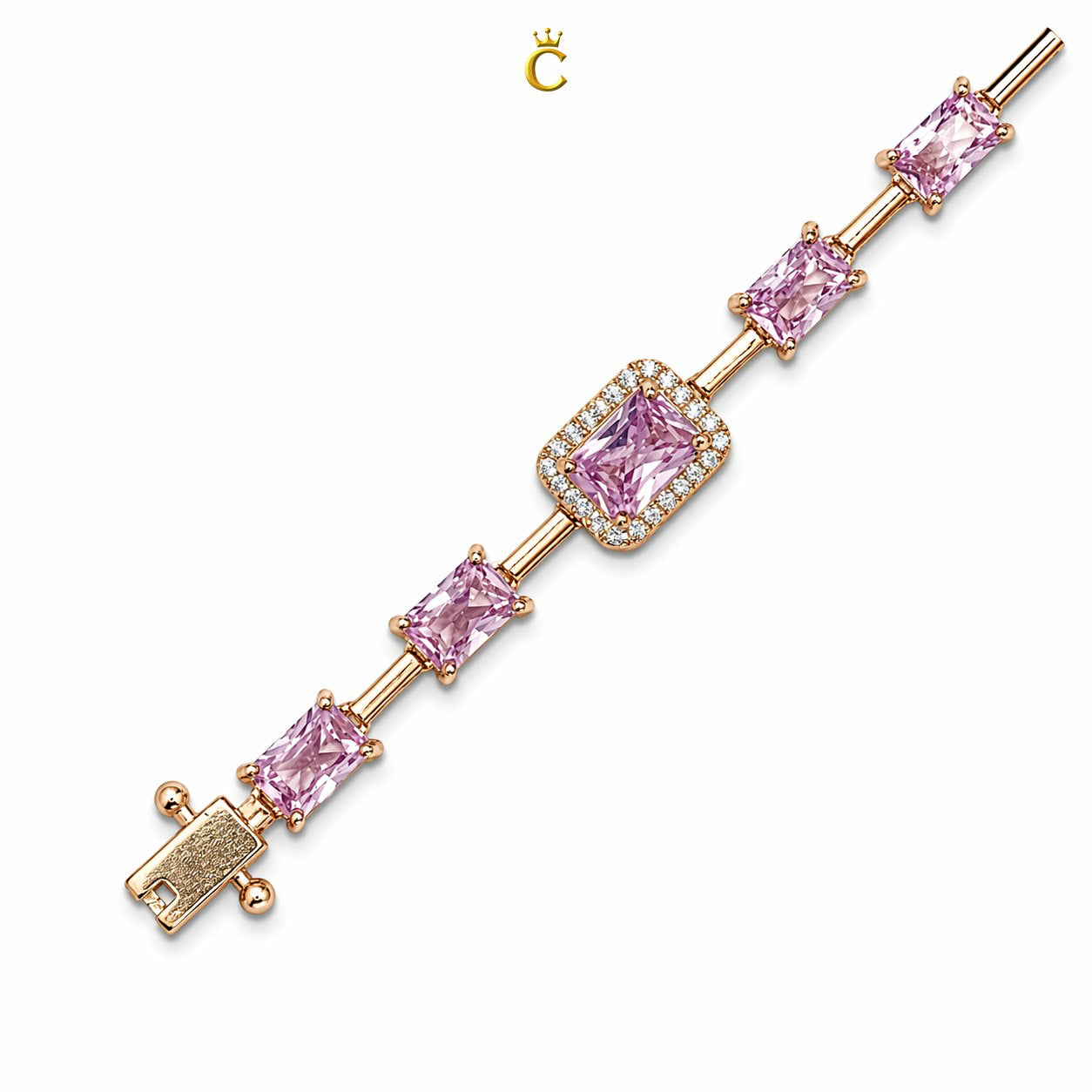 Elegant Pink Emerald Cut Halo Silver Bracelet