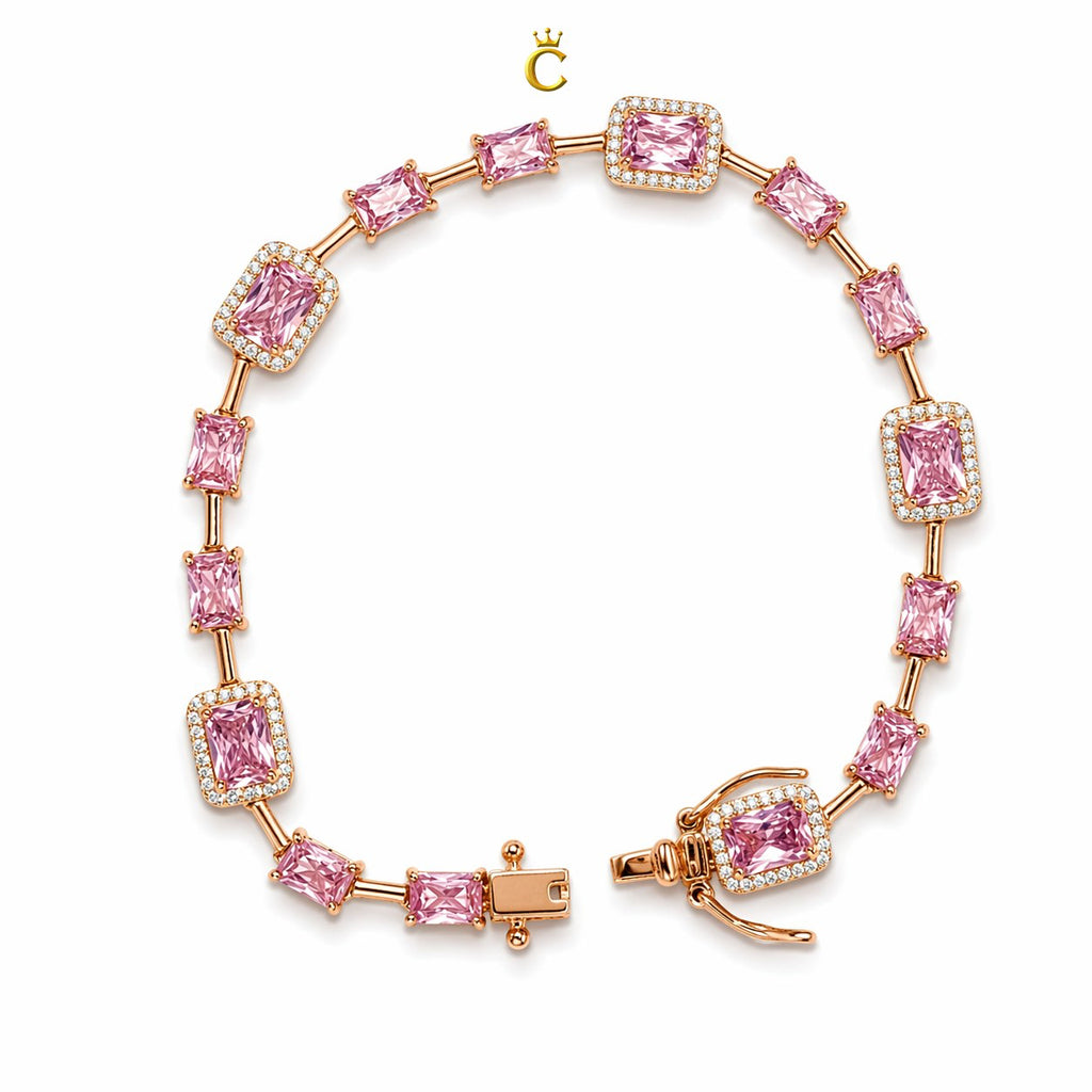 Elegant Pink Emerald Cut Halo Silver Bracelet