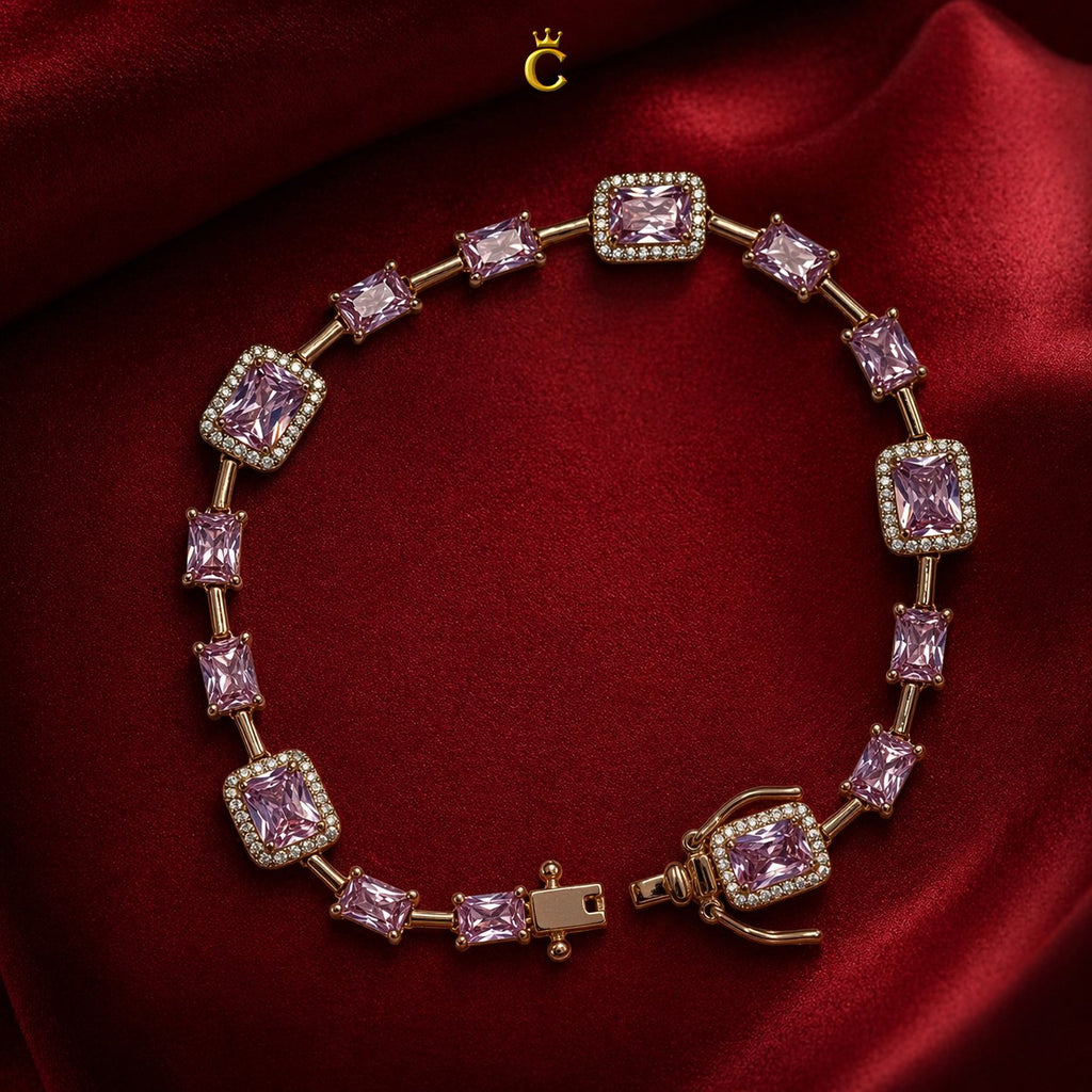 Elegant Pink Emerald Cut Halo Silver Bracelet