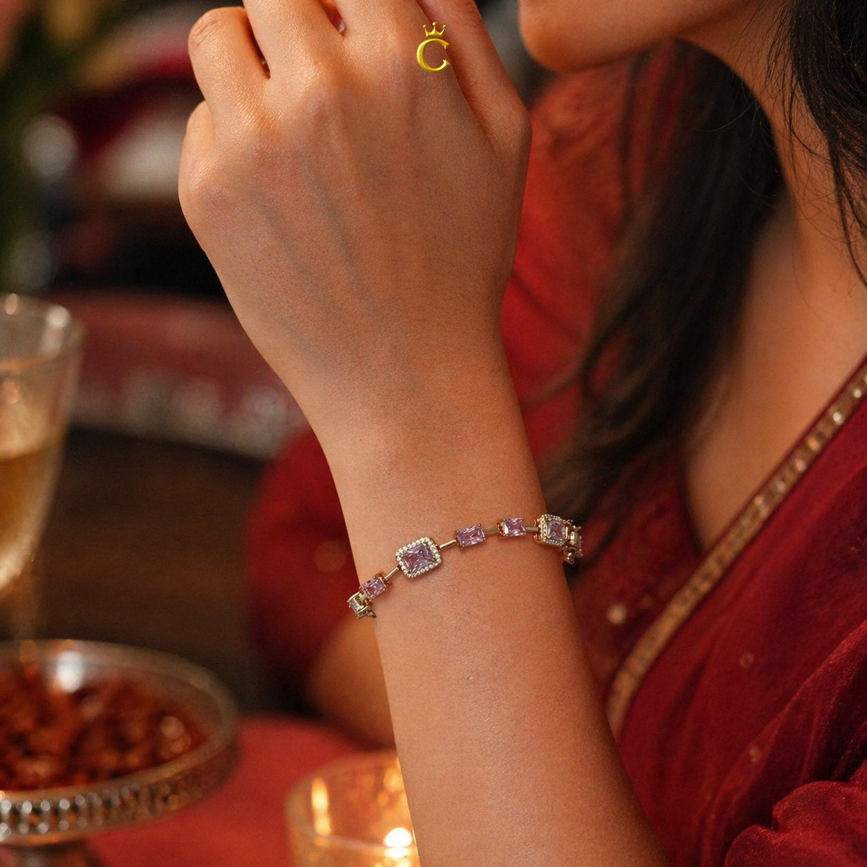 Elegant Pink Emerald Cut Halo Silver Bracelet