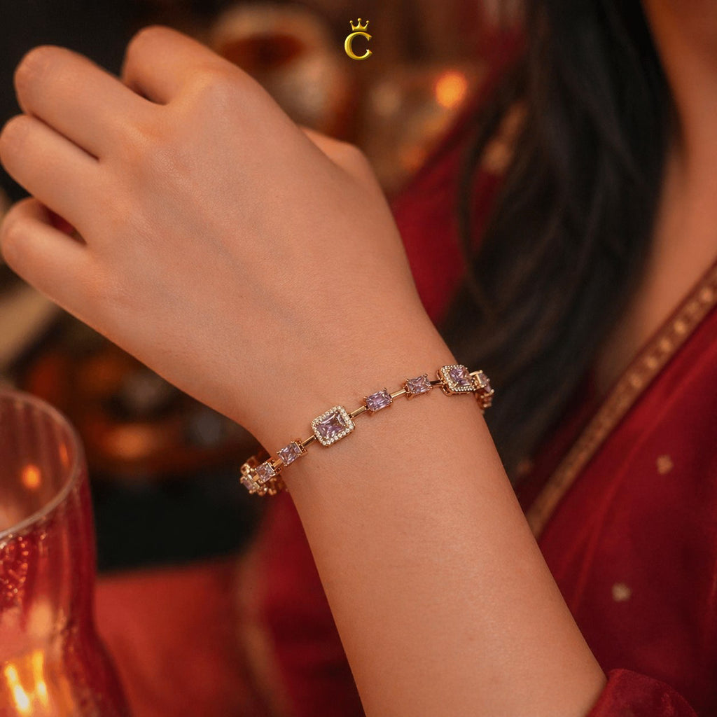 Elegant Pink Emerald Cut Halo Silver Bracelet