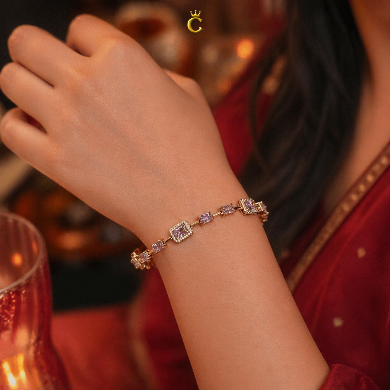Elegant Pink Emerald Cut Halo Silver Bracelet