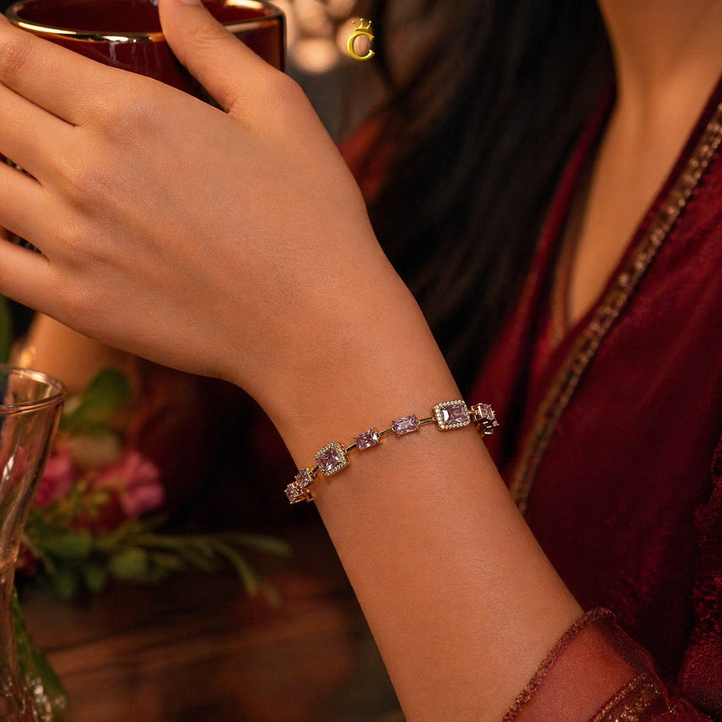 Elegant Pink Emerald Cut Halo Silver Bracelet